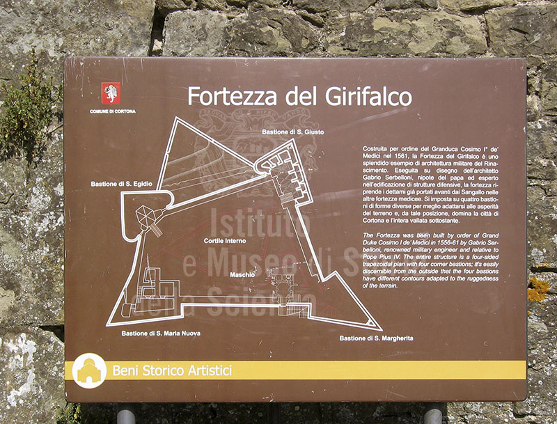 Tourist signboard describing the Fortezza del Girifalco, Cortona.