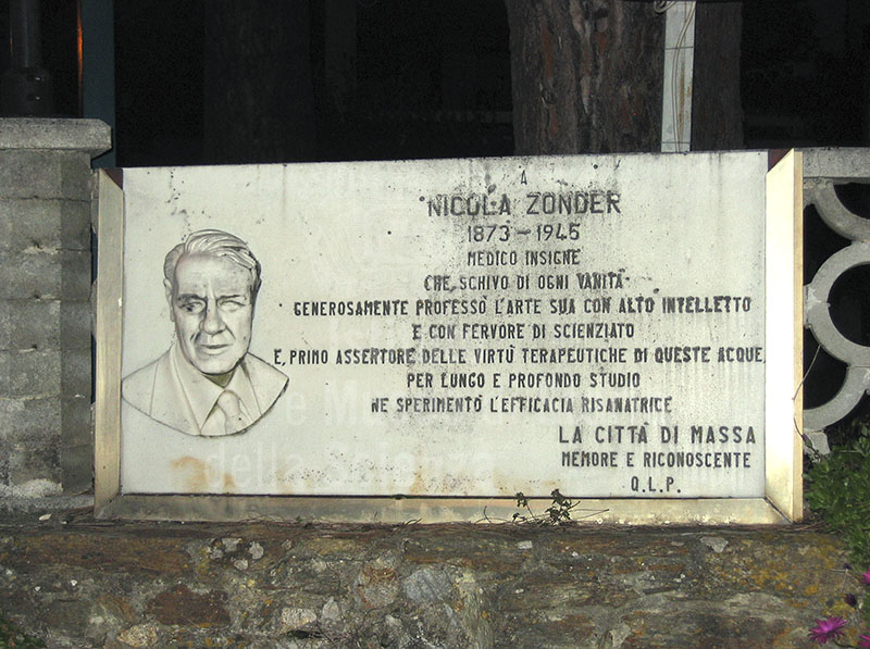 Stone tablet commemorating the physician Nicola Zonder, at the entrance to the Thermal Baths of San Carlo, Massa.