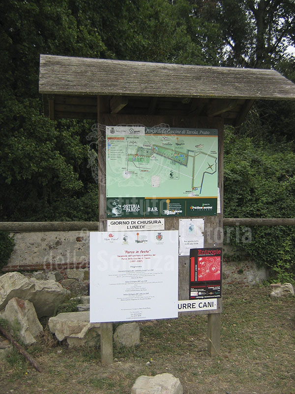 Tourist signboard at entrance to the Cascine di Tavola, Prato.