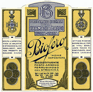 Etichetta storica del ricostituente Biofero, Farmacia Baldi, Lucca.