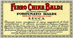 Etichetta storica del Ferro China Baldi, Farmacia Baldi, Lucca.