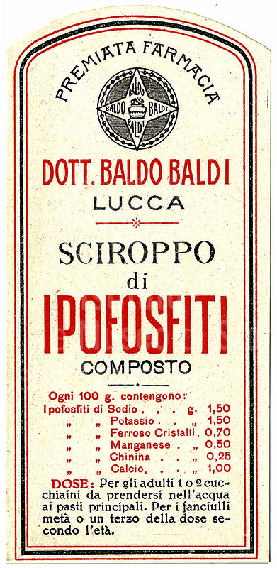 Etichetta storica di uno sciroppo preparato dalla Farmacia Baldi, Lucca.