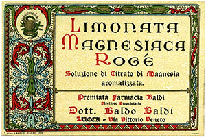 Vintage label of Limonata Magnesiaca Rog, Pharmacy Baldi, Lucca.