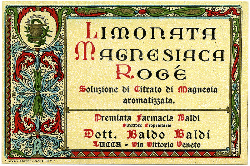 Etichetta storica della Limonata Magnesiaca Rog, Farmacia Baldi, Lucca.