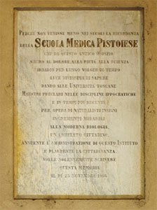 Memorial stone in the loggia of the Hospital Del Ceppo commemorating the old Medical-Surgical School, Pistoia.