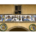 "Assistere gli infermi", fregio policromo robbiano sull'antica facciata dello Spedale del Ceppo, terracotta invetriata, Santi Buglioni, 1526-28, Pistoia.