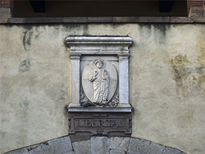 Walls of Lucca: decoration on the rear faade of Porta Santa Maria (1593).