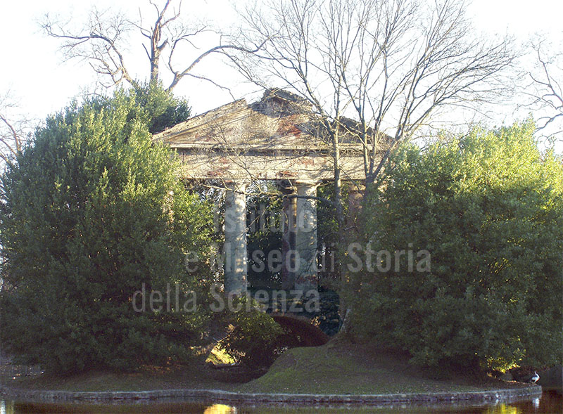 Romantic monument on the island of the upper lake, garden of Villa Puccini, Pistoia.