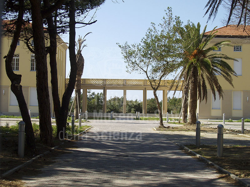 Veduta da viale del Tirreno del portico di collegamento degli edifici principali e del viale di ingresso, Collegio del Calambrone, Calambrone, Pisa.