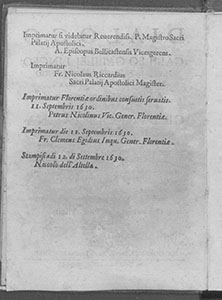 Galileo Galilei, Dialogo sopra i due massimi sistemi del mondo, in Fiorenza, per Gio. Batista Landini, 1632 - Imprimatur.