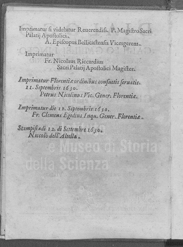 Galileo Galilei, Dialogo sopra i due massimi sistemi del mondo, in Fiorenza, per Gio. Batista Landini, 1632 - Imprimatur.