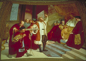 "Galileo presents his telescope to the Venetian Senate gathered on the bell tower of St. Mark's in Venice", fresco by Luigi Sabatelli, Tribuna di Galileo, Florence.
