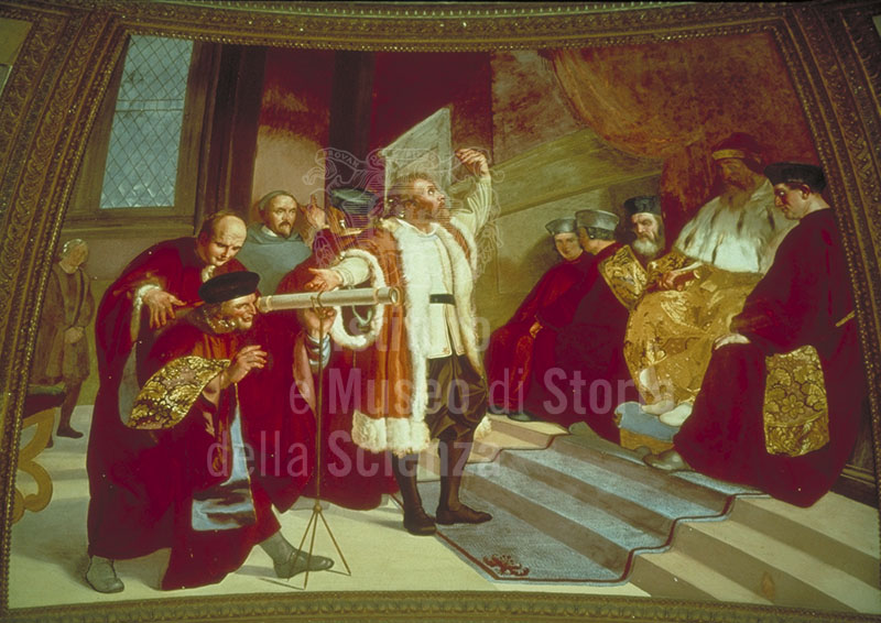 Galileo Galilei presents his telescope to the Venetian Senate gathered atop Saint Mark's bell tower in Venice. Fresco by Luigi Sabatelli, 1840 (Museo di Storia Naturale di Firenze - Sezione di Zoologia "La Specola" - Tribuna di Galileo).