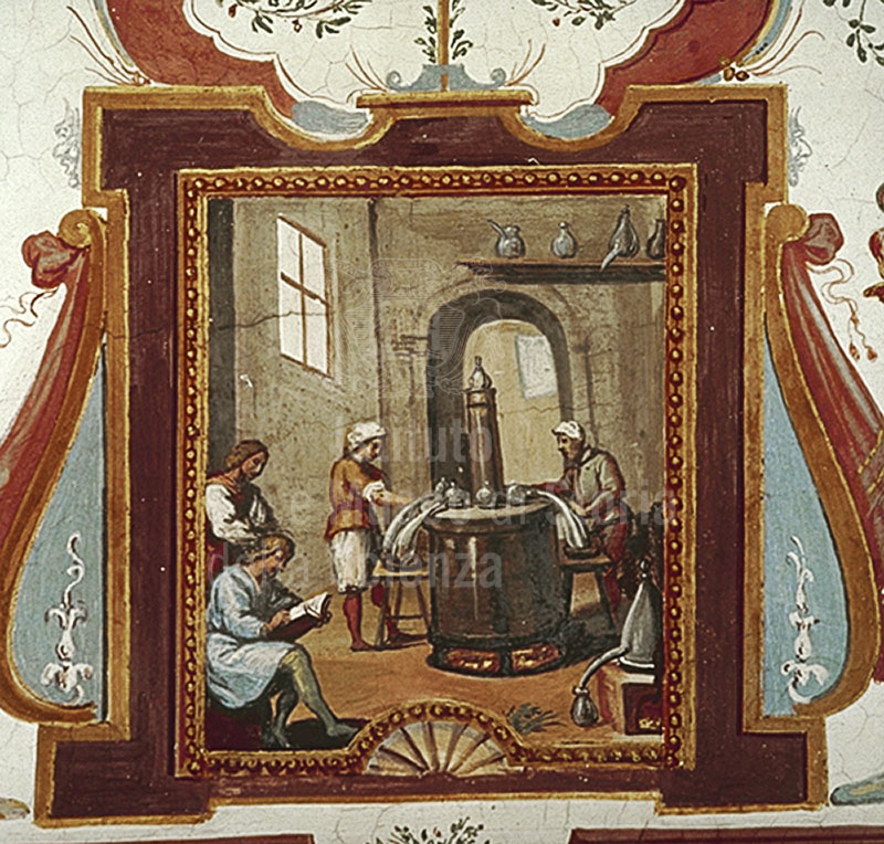 Scena affrescata raffigurante un laboratorio di alchimia, Palazzo Pitti, Museo degli Argenti, Firenze.