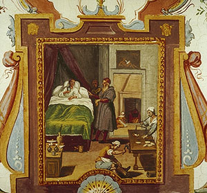 Frescoed scene of a physician examining a  sick person, Palazzo Pitti, Museo degli Argenti,Florence.