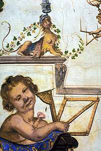 Scena allegorica affrescata raffigurante una sfinge ed un puttino che stringe strumenti per rilevazioni, Stanzino delle Matematiche, Galleria degli Uffizi, Firenze.