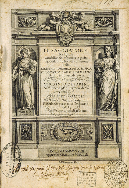 Galileo Galilei, Il saggiatore, in Roma, appresso Giacomo Mascardi, 1623 - Frontespizio.