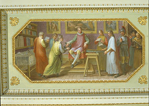 Galileo Galilei presenta il telescopio alla corte Medicea. Tempera su muro di Luigi Catani, 1816 (Firenze, Palazzo Pitti, Quartiere Borbonico o Nuovo Palatino, sala 15).