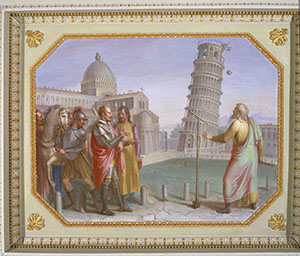 In the presence of the Grand Duke, Galileo carries out the experiment on falling bodies from the Leaning Tower of Pisa. Tempera on plaster by Luigi Catani, 1816 (Palazzo Pitti, Firenze, Quartiere Borbonico o Nuovo Palatino, sala 15)