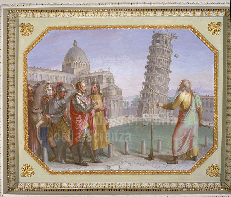 L. Catani, "Galileo performs the experiment of the motion of weights from the Tower of Pisa in the presence of the Grand Duke", Gallery of Modern Art of the Pitti Palace, Florence.