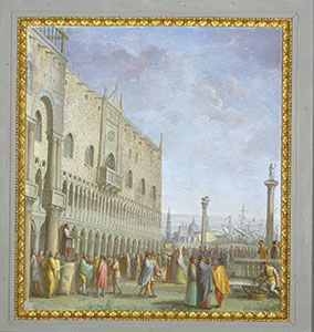 Galileo Galilei, together with some pupils in Piazza San Marco in Venice, trying out the first lenses used in the construction of his telescrope.  Tempera on plaster by Luigi Catani, 1816 (Palazzo Pitti, Firenze, Quartiere Borbonico o Nuovo Palatino, sala 15).