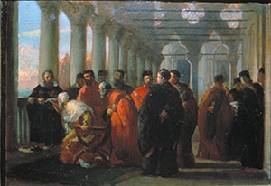 Galileo Galilei showing his telescope to the Seigniory of Venice (Bozzetto). Oil on wood panel by Guglielmo De Sanctis, before 1867 (Museo di Roma, Palazzo Braschi).