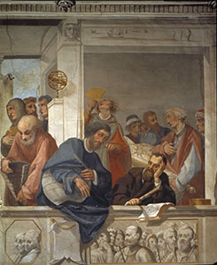 Glorificazione dei Toscani illustri. Dettaglio con la raffigurazione di Galileo Galilei. Affresco di Cecco Bravo, 1636 (Casa Buonarroti, Firenze)