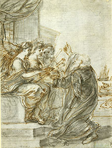 Preparatory study by Stefano della Bella for the cover of the Bolognese edition of 1656 of Galileo's works. Galileo is portrayed in the act of showing the Medicean stars (the satellites of Jupiter) to the personifications of Optics, Astronomy and Mathematics (Gabinetto Disegni e Stampe degli Uffizi, Firenze, n. 7991 F).