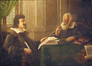 Galileo Galilei in the company of Evangelista Torricelli. Oil on canvas by unknown, 19th cent. (Palazzo Laderchi, Faenza)