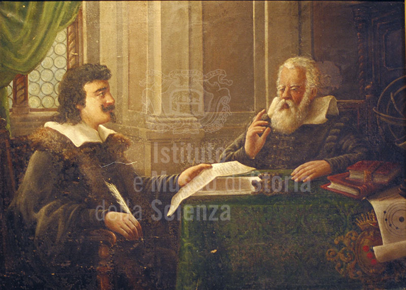 Galileo Galilei in compagnia di Evangelista Torricelli. Olio su tela di ignoto, sec. XIX (Palazzo Laderchi, Faenza)