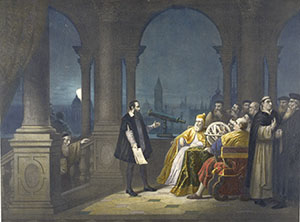 Galileo Galilei mostra il telescopio al doge Leonardo Donato. Litografia (Collezione Francesco Bertola)