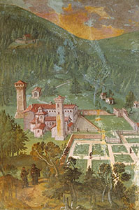 View of Vallombrosa Abbey. Detail of a fresco by Giovanni Stradano, 16th cent. (Villa Pazzi al Parugiano, Prato)