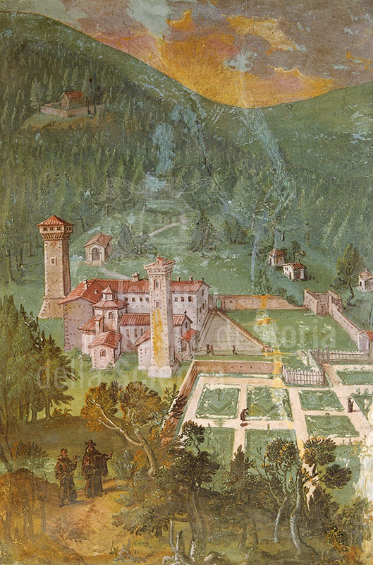 Veduta dell'abbazia di Vallombrosa. Particolare da un affresco di Giovanni Stradano, sec. XVI (Villa Pazzi al Parugiano, Prato).