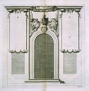 Portone di ingresso di Palazzo dei Cartelloni, gi Palazzo Viviani, sormontato dal busto di Galileo (da Vincenzo Viviani, De locis solidis secunda divinatio geometrica, Florentiae, typis Regiae Celsitudinis apud Petrum Antonium Brigonci, 1701)