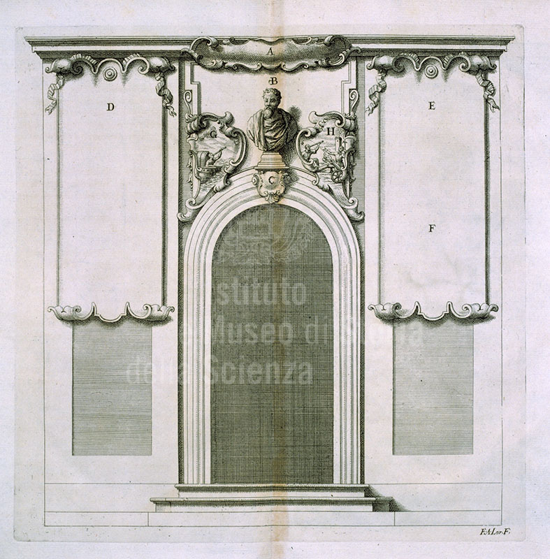 Portone di ingresso di Palazzo dei Cartelloni, gi Palazzo Viviani, sormontato dal busto di Galileo (da Vincenzo Viviani, De locis solidis secunda divinatio geometrica, Florentiae, typis Regiae Celsitudinis apud Petrum Antonium Brigonci, 1701)