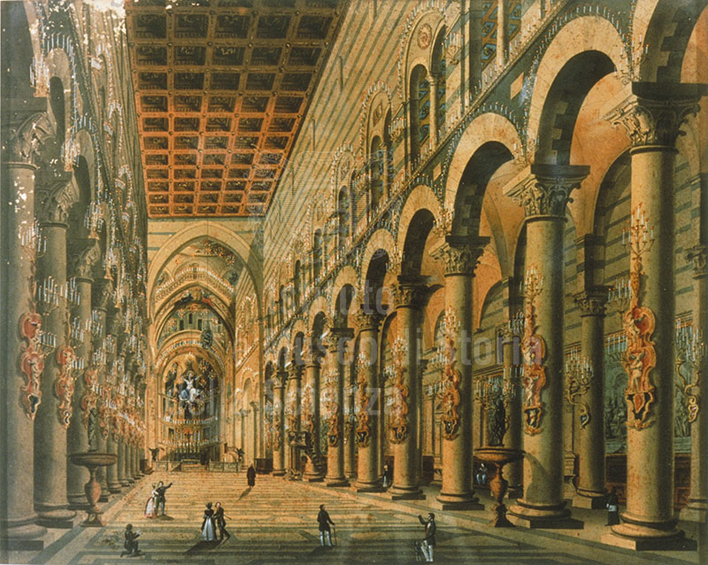 Interior of the Cathedral of Pisa, illuminated. Tempera on paper, 19th cent. (Opera della Primaziale pisana).