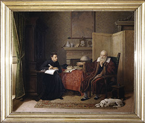 Galileo in the act of dictating to a young Piarist priest. Oil on canvas by Cesare Vincenzo Cantagalli, 1870 (Property of the Istituto d’Arte ‘Duccio di Buoninsegna’, Siena, curator Fabio Mazzieri, on loan to the Museo Amos Cassioli, Asciano).
