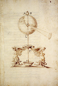 Drawing of the experiment on how smoke behaves in a vacuum, one of the experiments on vacuums undertaken by Academy of Cimento (BNCF, Ms. Gal. 289, c. 4r)