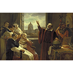 Galileo spiega la teoria del moto della terra dinanzi ai commissari dell'Inquisizione di Roma. Olio su tela di Carlo Felice Biscarra, 1859 (Castello Ducale, Agli, TO).