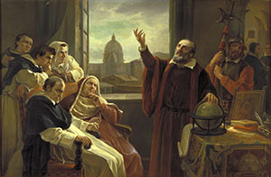 Galileo spiega la teoria del moto della terra dinanzi ai commissari dell'Inquisizione di Roma. Olio su tela di Carlo Felice Biscarra, 1859 (Castello Ducale, Agli, TO).