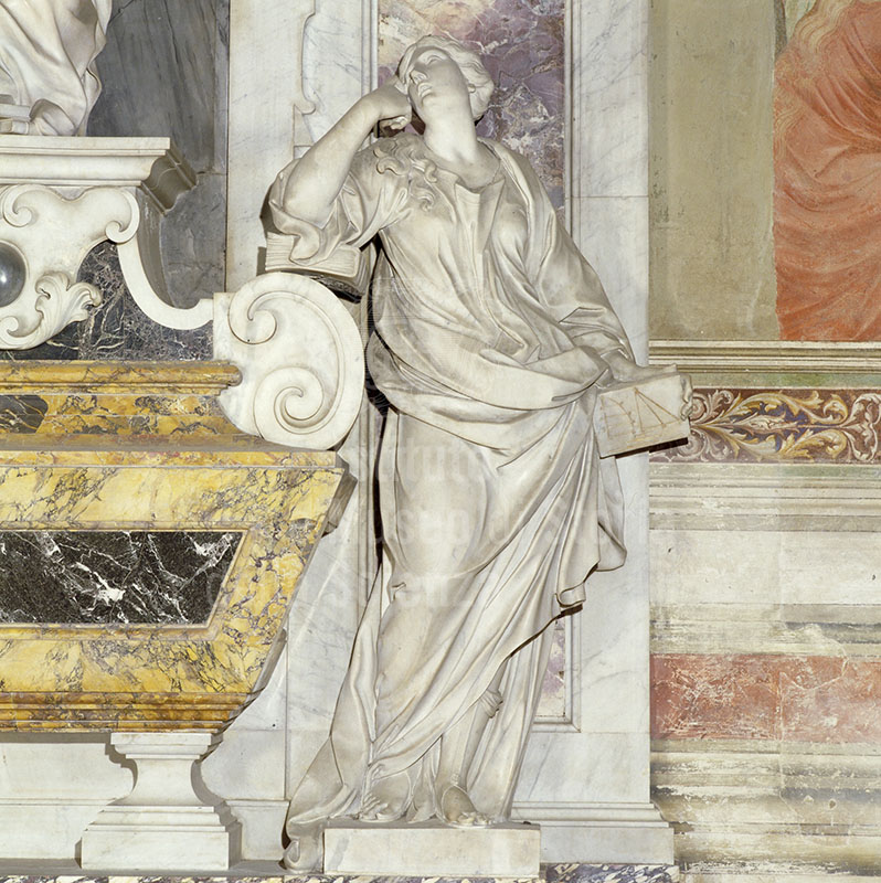 Sepolcro di Galileo Galilei. Particolare con l'allegoria della Geometria, 1737 (Basilica di Santa Croce, Firenze)