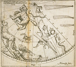 Map of the heavens, with the charting of the passage of a comet that appeared in December 1618 (from Charles Le Pois, Physicum cometae speculum, in quo natura, caussae, species atque formae, varii motis, statio, moles, natale tempus, aetas, occasus viresque seu effectus deteguntur et accurate atque dilucide demonstrantur, Ponte ad Montionem, apud Carolum Mercatorem, 1619).