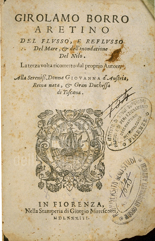 Girolamo Borro, Del flusso e reflusso del mare et dell'inondatione del Nilo, in Fiorenza, nella stamperia di Giorgio Marescotti, 1583 - Detail of the frontispiece.