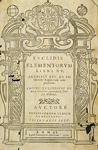 Euclides, Elementorum libri XV, accessit XVI de solidorum regularium comparatione, omnes perspicuis demonstrationibus accuratisque scholiis illustrati, auctore Christophoro Clavio, Romae, apud Vincentium Accoltum, 1574 - Frontespizio.