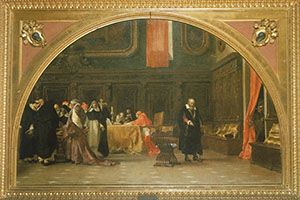 Galileo Galilei davanti al tribunale dell'Inquisizione. Olio su tela di Niccol Barabino, 1888. Replica ridotta dell'affresco in Palazzo Celesia a Genova (Collezione privata, Genova).