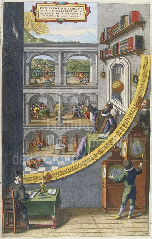 Thyco Brahe nel suo osservatorio presso il Castello di Uraniborg, Isola di Hven (da Willem Janszoon Blaeu, Le grand atlas, ou Cosmographie Blaviane, en laquelle est exactement descripte la Terre, la mer et le ciel,  Amsterdam, chez Jean Blaeu, 1667).