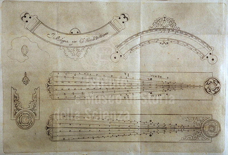 Il compasso geometrico e militare (da Opere di Galileo Galilei, Bologna, per gli heredi del Dozza, 1656).