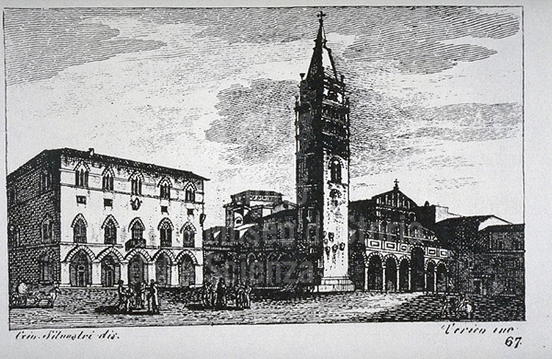 Engraving depicting the Cathedral and Palazzo Comunale of Pistoia, F. Fontani, "Viaggio pittorico della Toscana", Firenze, per V. Batelli, 1827 (3 ed.).