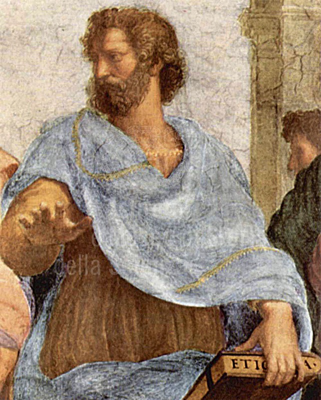 Raffaello Sanzio, La scuola di Atene, 1509-1510, particolare con la raffigurazione di Aristotele (Musei Vaticani, Stanza della Segnatura, Citt del Vaticano)