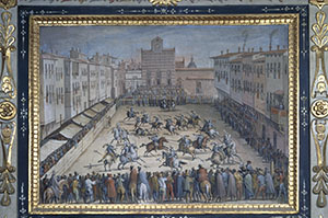 Horse race in Piazza Santa Croce. Mural painting by Giovanni Stradano and Giorgio Vasari, 1556-1562 (Palazzo Vecchio, Firenze, Sala di Clemente VII)